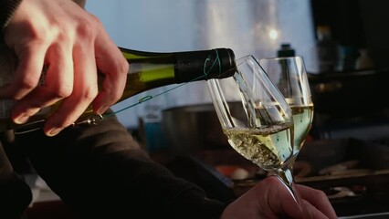 close-up of a male hand pouring white wine into a champagne glass. Romantic dinner in nature. Winter picnic at sunset. - Powered by Adobe