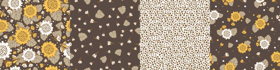 Modern floral pattern set, large sunflower flowers, foliage and butterflies, polka dot pattern, small spots, inflorescences, moths. Seamless pattern set. Modern design for paper, cover, fabric