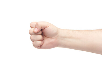 Man palm shows clenched fist gesture. Brutal man hand isolated on white background. Finger gestures.