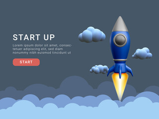 Concept for the start-up page. 3d rocket flying into space. Vector illustration