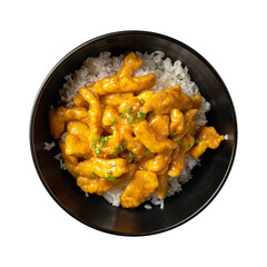 Isolated bowl of asian dish with curry chicken and rice on white background