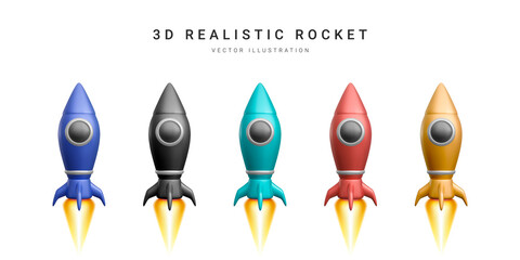 3d colour rocket set. Realistic space ship isolated on a white background. Vector illustration