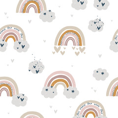 Baby rainbow kids seamless pattern design, pastel colors. Nursery background with cute rainbows and clouds on white background - 502199980