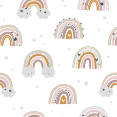 Baby rainbow kids seamless pattern design, pastel colors. Nursery background with cute rainbows and clouds on white background - 502199981