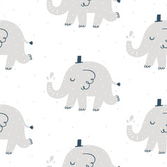 Bbay elephant kids seamless pattern design, pastel colors. Nursery print with cute animals and dots on white background - 502199983