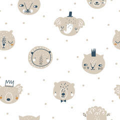 Baby animals kids seamless pattern design, pastel colors. Nursery background with cute elephant face, lion, bear, sheep, koala and cat - 502199984