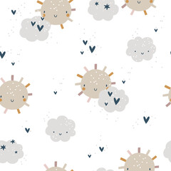 Summer kids seamless pattern design with sun and cloud, pastel colors. Nursery neutral print on white background  - 502199985