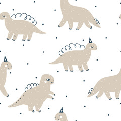 Baby dinosaur kids seamless pattern design, pastel colors. Nursery background with cute dino and dots - 502199986