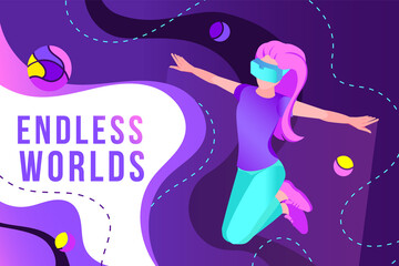 Meta Verse Neon glowing banner with character immerse to the Virtual reality, digital cyber world technology. Character in digital glasses surrounded with futuristic fluorescent space