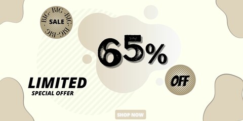 65% off limited special offer. Banner with sixty five percent discount on a  white background with grey shapes abstract