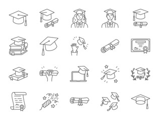 Fototapeta Graduation doodle illustration including icons - student in cap, diploma certificate scroll, university degree . Thin line art about high school education. Editable Stroke obraz