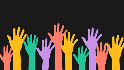 Obraz premium Multicultural colorful hands. Black background. Vector editable