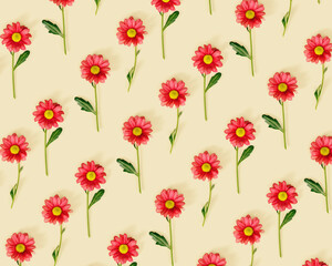 Floral geometric pattern with red flowers on beige color background. Summer time concept, nature design flowery minimal idea. Chrysanthemum daisy blossoming flower, trend layout, flat lay