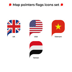 Map pointers flags icons set. Flag icon in simple rectangular pointer shape. Vector icon, symbol, button. Illustration in flat style