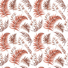 Seamless pattern with forest fern leaves. Watercolor illustration isolated on white background.