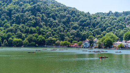 View of Nainital Lake, Naina Devi Temple and mountains are in the background, Nainital, Uttarakhand, India