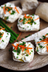 Canape with cream cheese and green onions. Healthy sandwich.