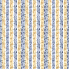 Seamless French country kitchen stripe fabric pattern print. Blue yellow white vertical striped background. Batik dye provence style rustic woven cottagecore textile. 