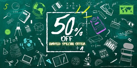 50% off limited special offer. Banner with fifty percent discount on a gren background with white square