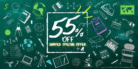 55% off limited special offer. Banner with fifty percent discount on a gren background with white square