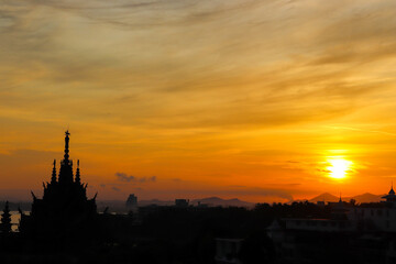 Fototapeta na wymiar sunrise with shadow temple in pattaya, thailand