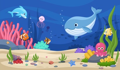 Naklejka na ściany i meble Underwater animal background. Aquatic animals, cartoon sea world landscape. Water aquarium with whale, fish, seaweed. Garish tropical marine life vector scene