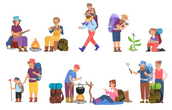 Family nature adventures. Hike friends, adventure or journey at holiday with father and mother. Cartoon travellers, active people in forest decent vector set