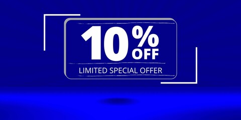 10% off limited special offer. Banner with teen percent discount on a blue background with white square and blue