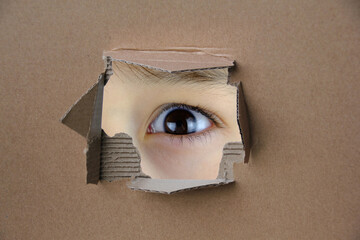 empty blank cardboard form, craft paper, a hole with a straight cut and roughly torn edge, concept of secrecy, tracking, spying, blank for the designer, close-up, copy space