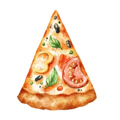 Slice of pizza on white background. Delicious food illustration.