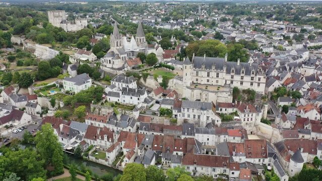 Aerial view of historic center of Loches town overlooking ancient Chateau of Anjou family with collegiate church, royal lodge and donjon, France