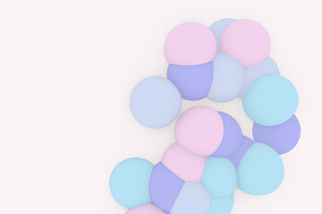 Abstract 3d art background. Violet and pastel floating liquid drops, soap bubbles, metabolites