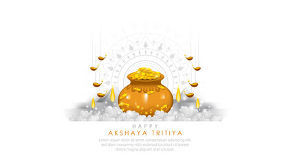 Vector illustration of Akshaya Tritiya celebration with a golden kalash, gold coins on decorated background.