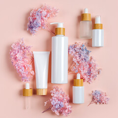 Obraz na płótnie Canvas Cosmetic bottles mockups with flowers for branding and packaging presentation. Pump bottle, cream tube, and dropper on pastel background. Natural skincare beauty product concept.