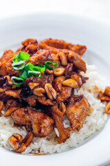 chicken kung pao with peanuts and rice