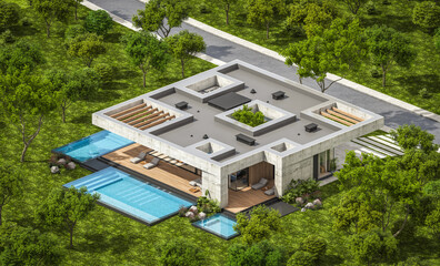 3d rendering of new concrete house in modern style with pool and parking for sale or rent and beautiful landscaping on background. The house has only one floor. Summer sunny day with clear blue sky.