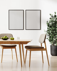 two empty frames mockup, stylish room interior with table and chairs, green plant, 3d rendering