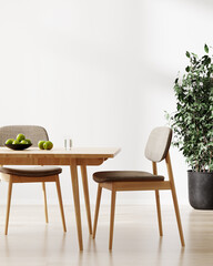 Room interior with dinning table and chairs, white wall and green plant, 3d rendering