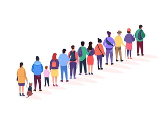 Back stand queue. Queueing people crowd long line in public bathroom, group person waiting buy airport ticket, standing character shopping registration © ssstocker