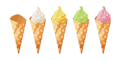 Ice cream in the waffle cone isolated on white background. Cute cartoon style illustration for product design
