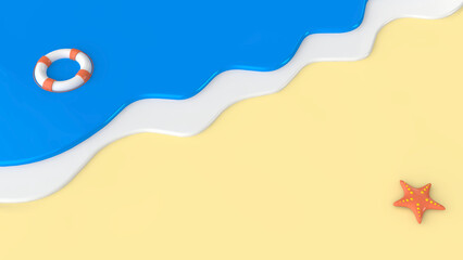 Summer background. Wave sea on the sand beach, lifebuoy and starfish. 3d render
