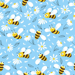 Fototapeta premium Daisy and bee seamless pattern. Flowers and cartoon bees on a blue background. Vector.