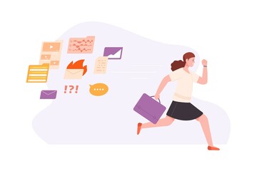 Run away emails. Woman escaping from notifications many email internet spam or junk digital communication, procrastination concept, scared chase office problems vector illustration