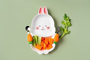 Cute plate in the shape of a bunny with  fresh vegetables. Food idea for kids. Children's healthy food with carrot