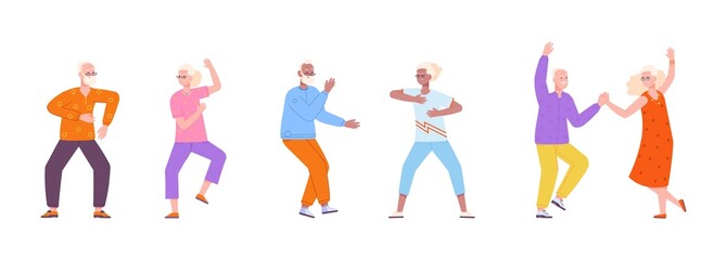 Seniors dancing. Old dance active fun elderly people to aging music, happy grandparents retirement party, cartoon elder dancer, felices couple grandma granddad vector illustration
