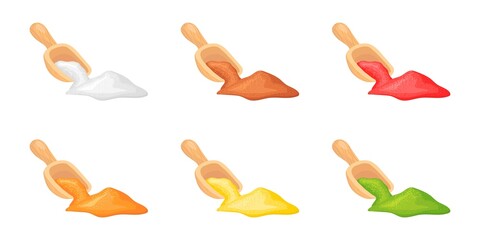 Spoon indian spices. Wooden scoop of colorful closeup powder, rustical spoonful herb seasoning, spoons powders ladle salt cocoa rice or soda curry pepper sugar, vector illustration