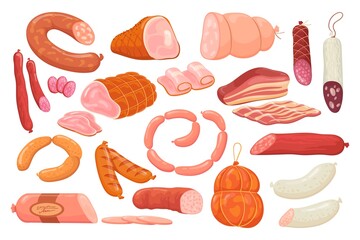 Cartoon delicatessen sausages. Pork sausage chorizo or ham shopping meat market, red salami tasty pepperoni smoked wurstel slices fresh bacon butcher deli, neat vector illustration