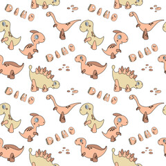 Seamless pattern with cartoon dinosaurs, stones and lettering dino. Vector illustration with cute children characters. For wallpaper, print, fabric, textile, kids room decor.