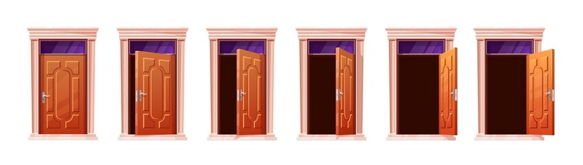 Door animation. Cartoon doors motion open entrance home, game wooden gate choice closing ajar shut room 2d building sprite sheet sequence set wood vector element exact illustration
