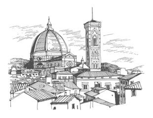 Travel sketch illustration of the Cathedral of Santa Maria del Fiore in Florence, Italy. Sketchy line art drawing with a pen on paper. Urban sketch in black color on white background. Freehand drawing